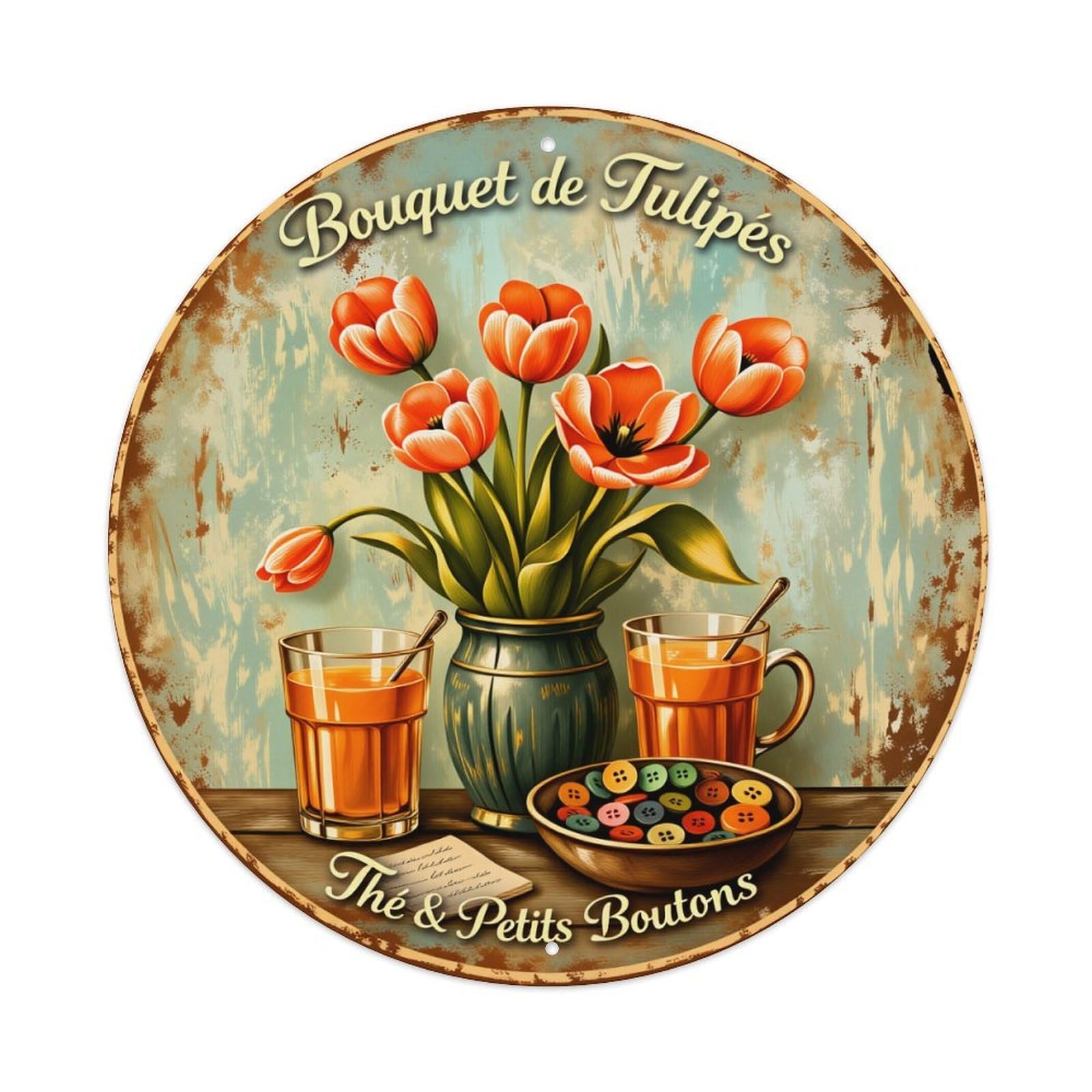 Bouquet of Tulips And Small Buds Round Vintage Tin Sign,Retro Wall Art,Metal Poster for Home, Bar, Garage, Cafe, Rustic Indoor & Outdoor Decor, 8x8 Inches