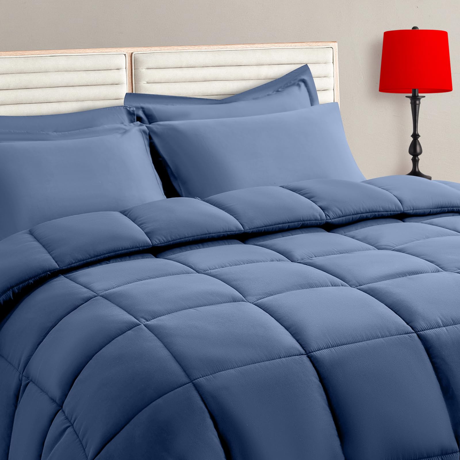 TAIMIT Slate Blue King Comforter Set - 7 Pieces, Bed in a Bag Bedding Sets with All Season Soft Quilted Warm Fluffy Comforter,Flat Sheet,Fitted Sheet,2 Pillow Shams,2 Pillowcases