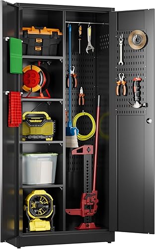 Miniatura 11 de Armario de almacenamiento de garaje con ruedas, armario de almacenamiento para escoba con paneles de clavijas y estantes ajustables, armario de