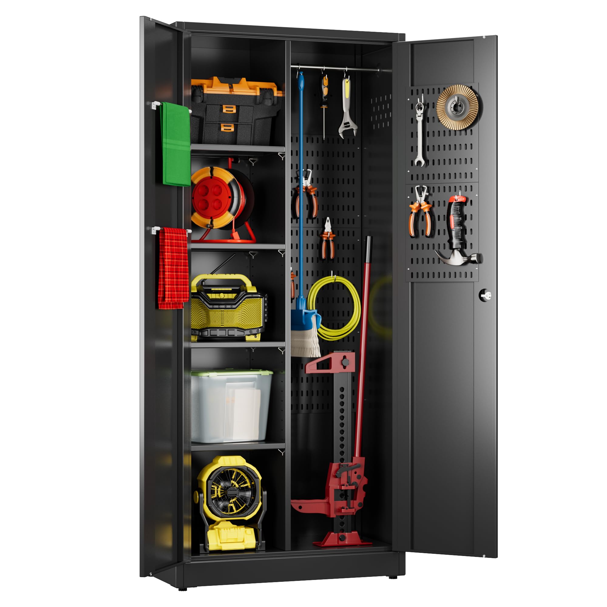 winbingon 71.31" H Metal Broom Closet Storage Cabinets with Pegboards and Hooks,Utility Closet Storage Cabinet with Hooks and Hanging Rod for Laundry