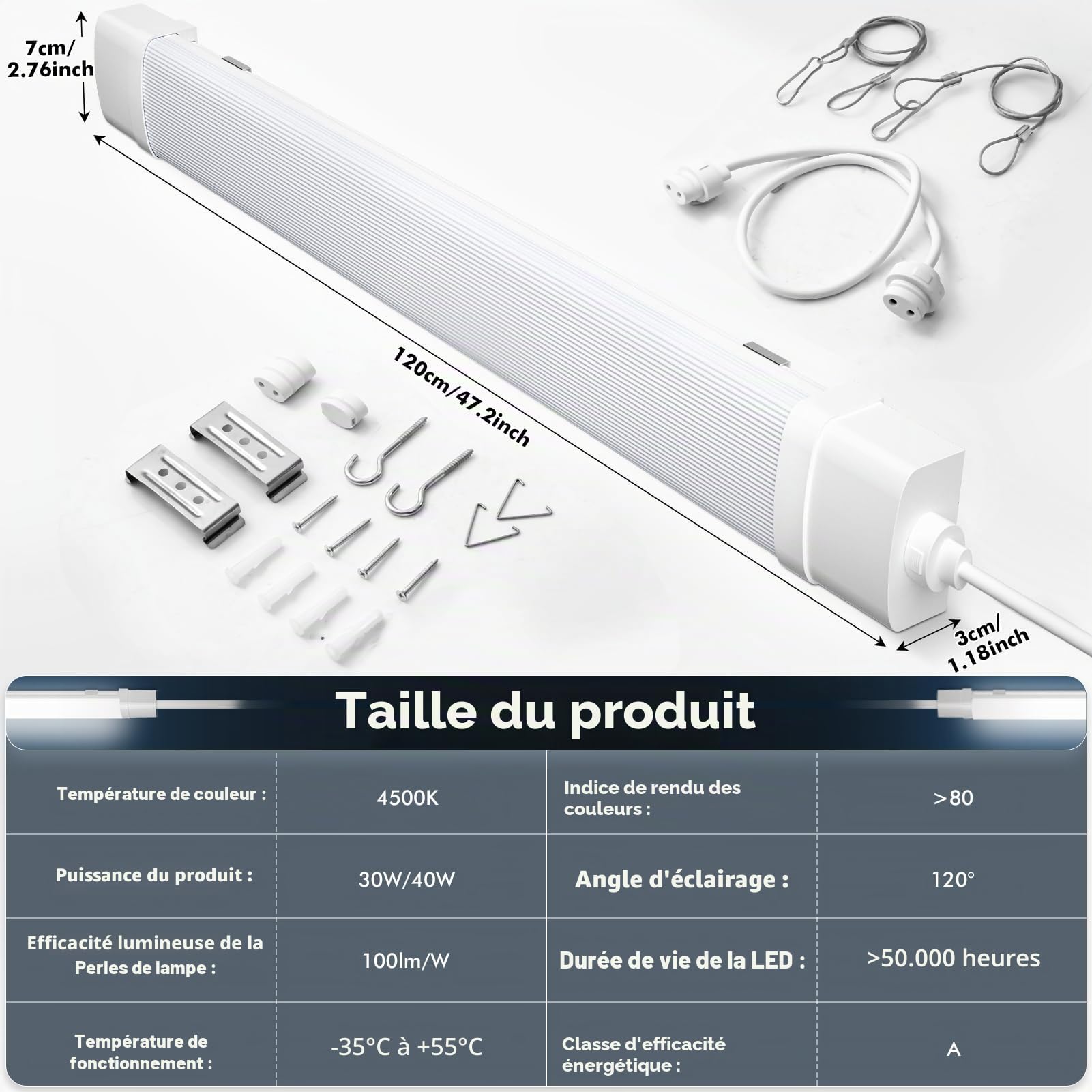 Viugreum Lot de 4 Réglette LED 120cm Connectable, IP66 Étanche 40W 4000LM Neutre Blanc 4500K, LED Lampe Fluorescente avec Chaîne Suspendue, Néon Led Garage Plafonnier pour Salle de Bain, Bureau