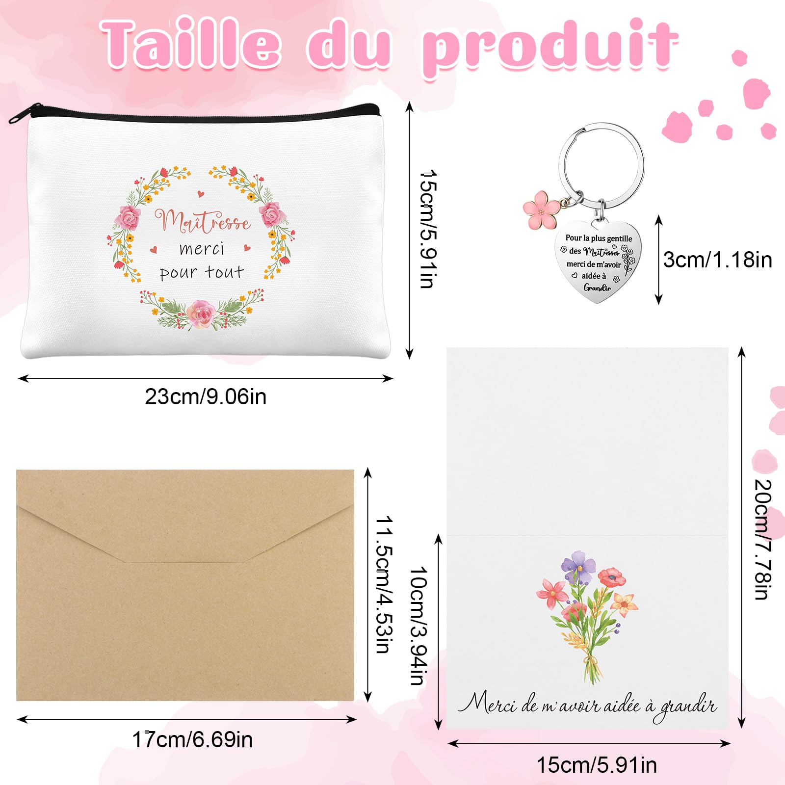 Sac en Coton Trousse de Toilette Porte-clés Carte de Vœux Set 4 Pièces Cadeau pour Maitresse Institutrice ATSEM AESH Fin d'Année