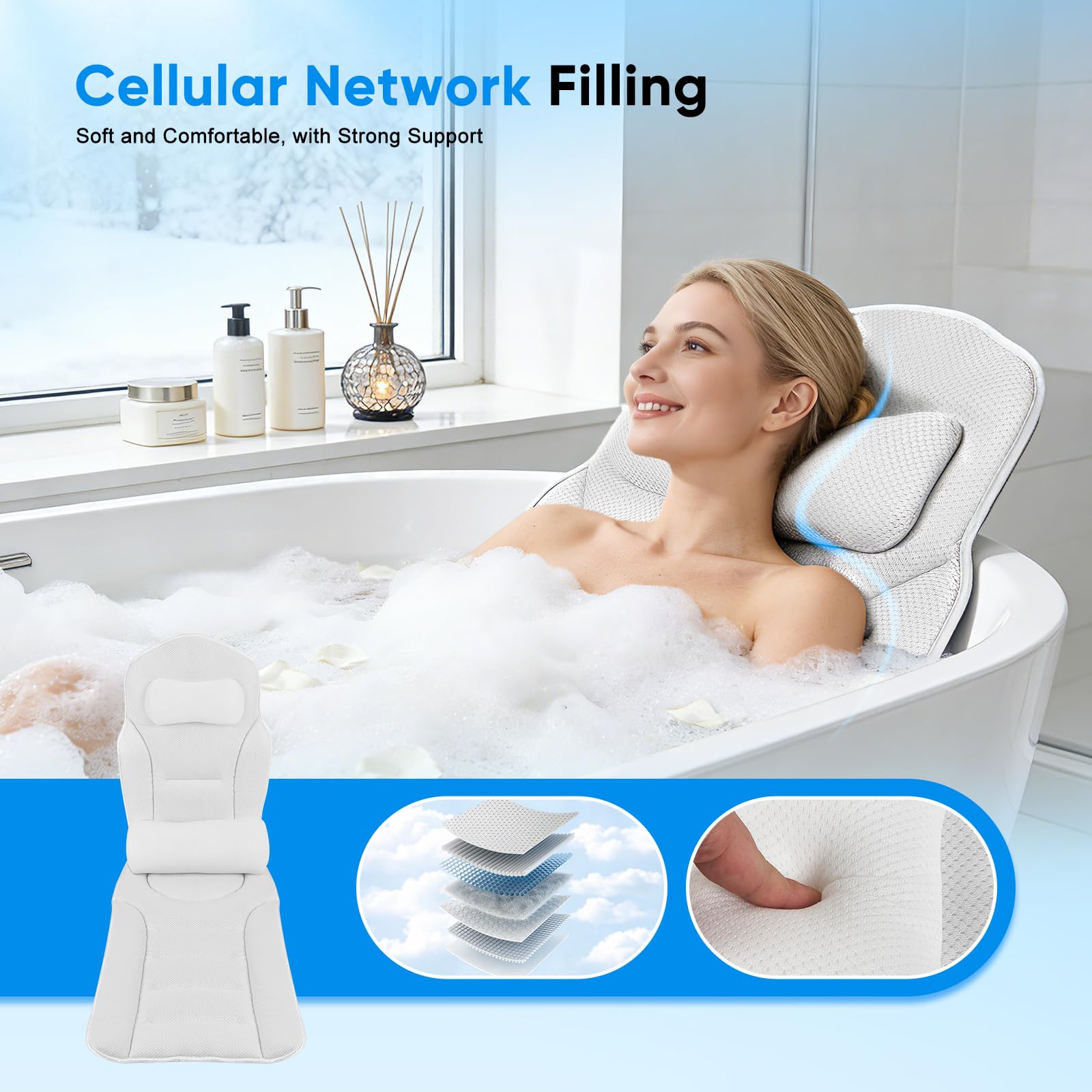 Coussin de Bain Complet, Oreiller de Bain pour Baignoire 131x38cm, Matelas Baignoire avec Appui-tête et Coussin Lombaire Amovible, Crochet de Suspension, Soutien de la Nuque et du Dos(Blanc)