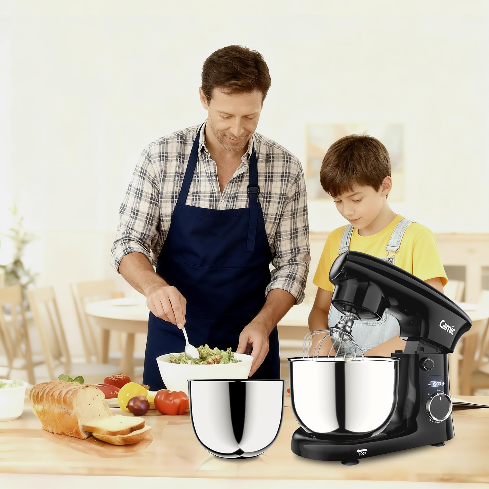 Camic Robot Pâtissier avec 3 Accessoires (Pétrissage, Mélange, Fouet), Robot Patissier avec écran LED, Minuterie, 10 Vitesses, 2 Bols en Acier Inoxydable (4 L + 5 L), pour Pâte, Pain, Pizza, Pâteaux