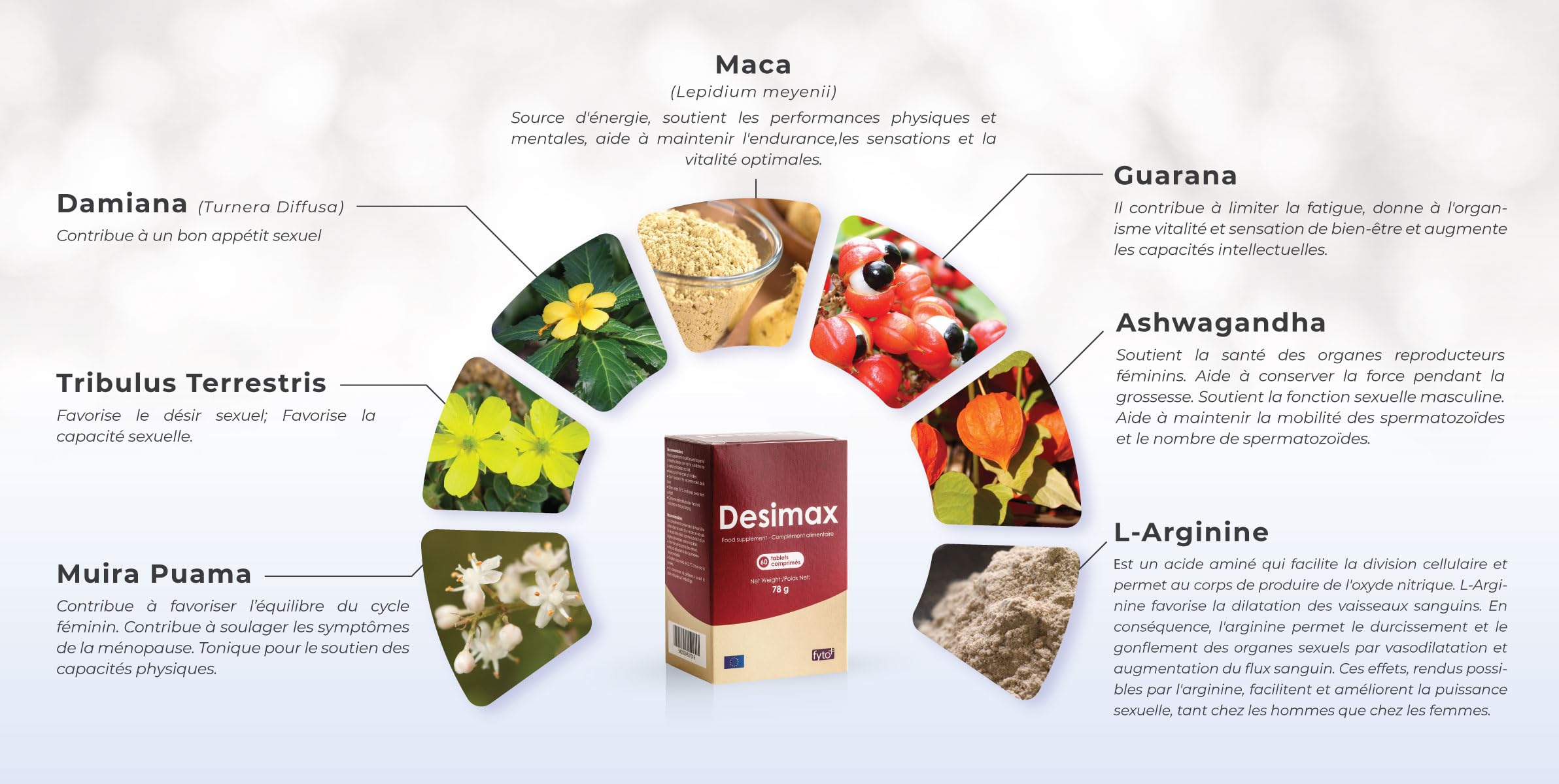 Desimax – Énergie, Libido & Vitalité Homme & Femme | Tribulus, Maca, Damiana, Ashwagandha, L-Arginine | 60 Comprimés | Vegan | Sans Gluten | Qualité GMP/ISO