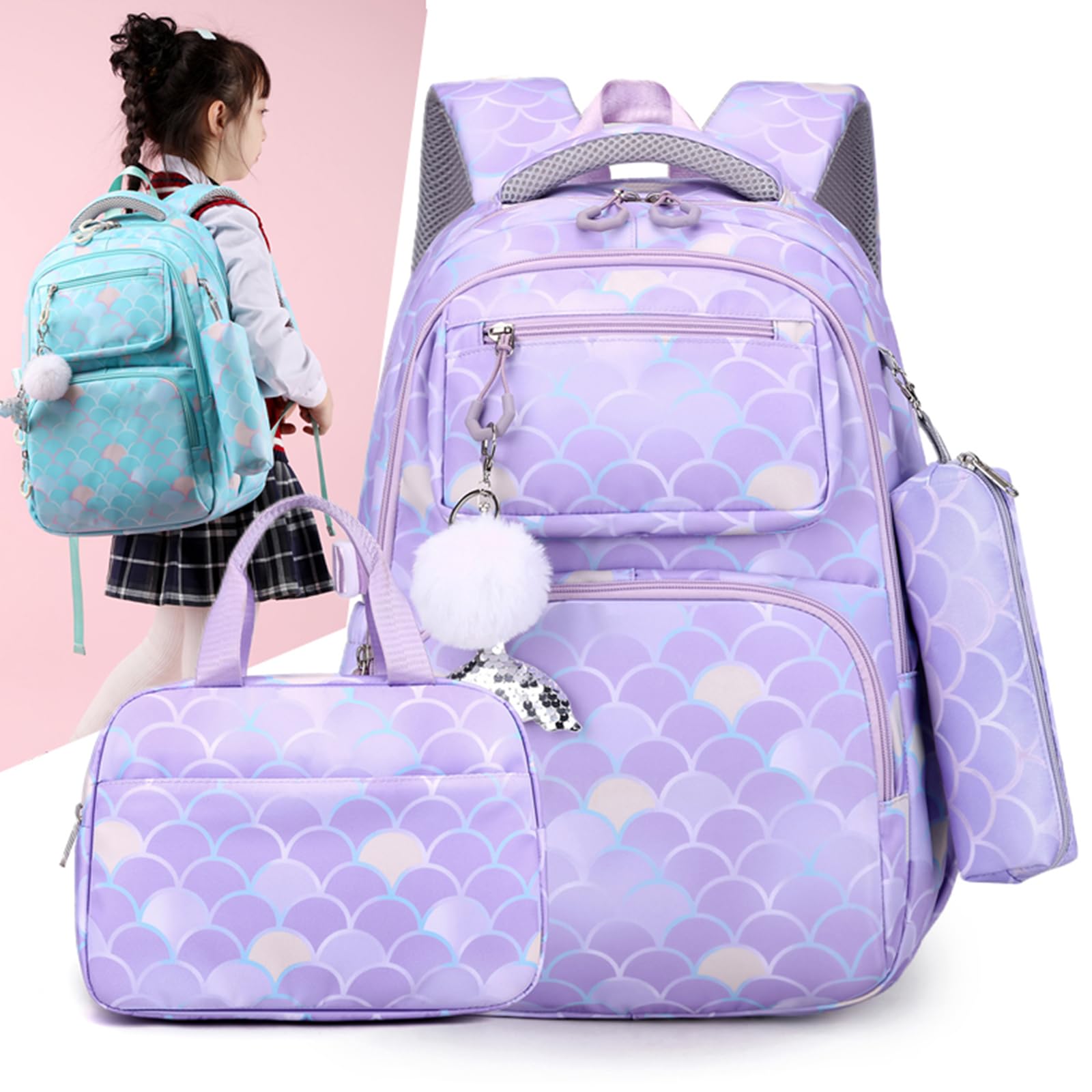 Nylon Rucksack mit Lunchtasche und Federmäppchen Set für Grundschüler, Schulrucksack für Teenager