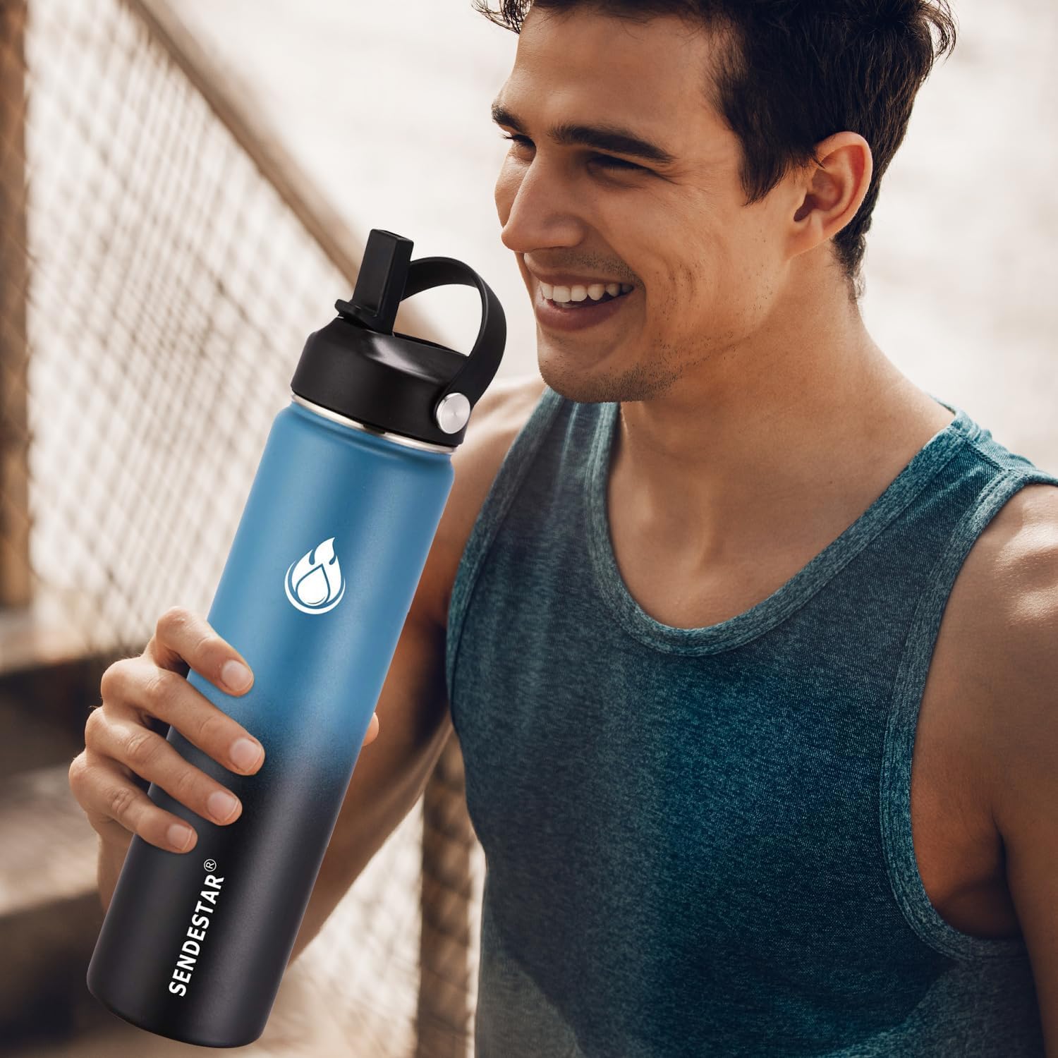 SENDESTAR Insulated Water Bottle 24 oz, Double Wall Vacuum Leak Proof Stainless Steel Sports Water Bottle—Wide Mouth with New Flex Straw Lid & Spout Lid (Deep Blue&Black) - Image 4