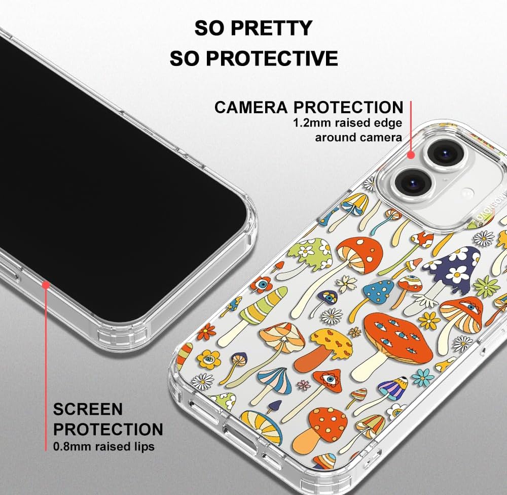 MOSNOVO Case for iPhone 16 Plus, [Buffertech 6.6ft Military-Grade Drop Protection] [Anti Peel Off Tech] Clear TPU Bumper Phone Case Cover Design - Mushroom Art image 4