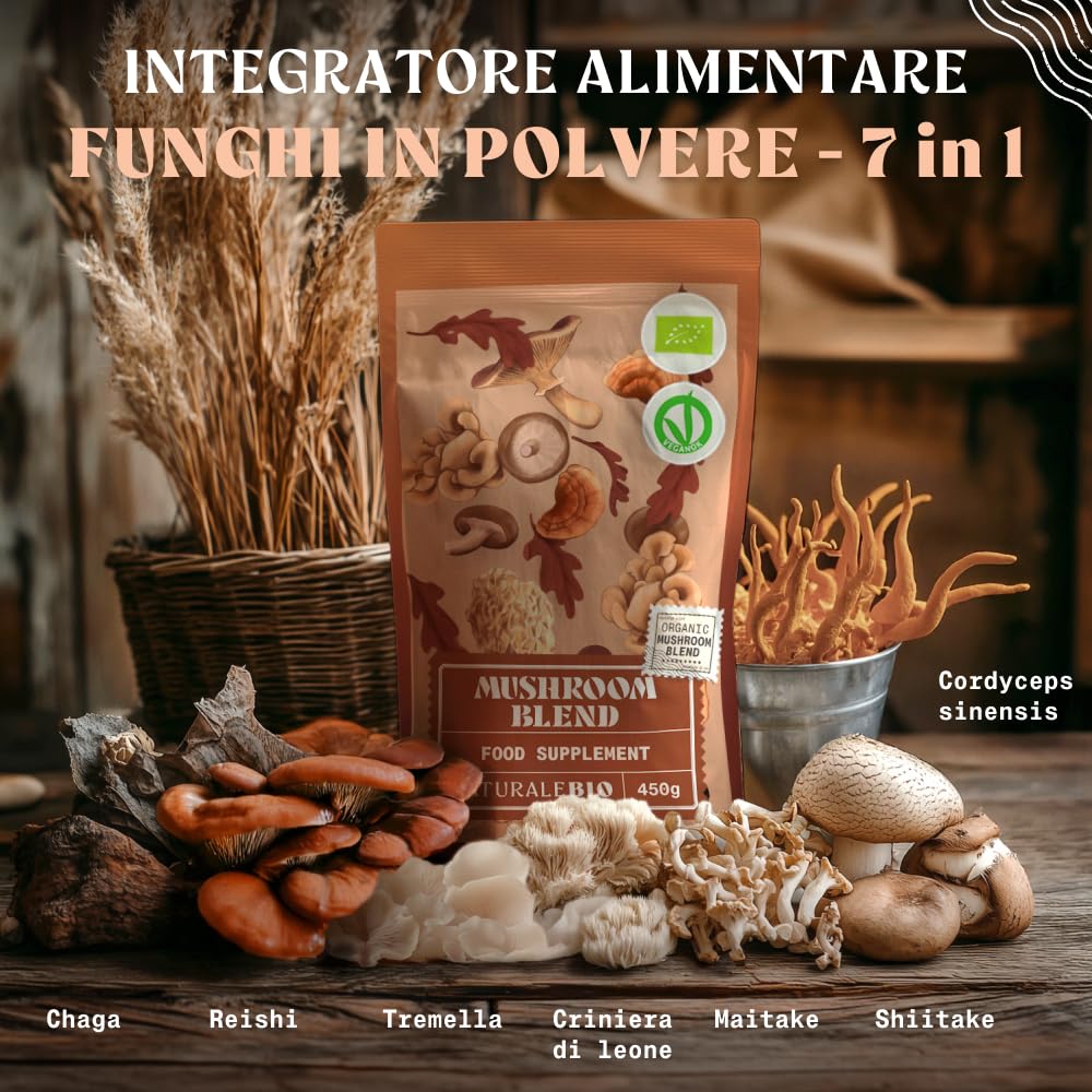 NaturaleBio Miscela di funghi in polvere 200g. Aumenta l'energia, favorisce la concentrazione, supporta l'intestino e il sistema immunitario. Bio, vegano, senza glutine e non OGM. Facile da consumare.