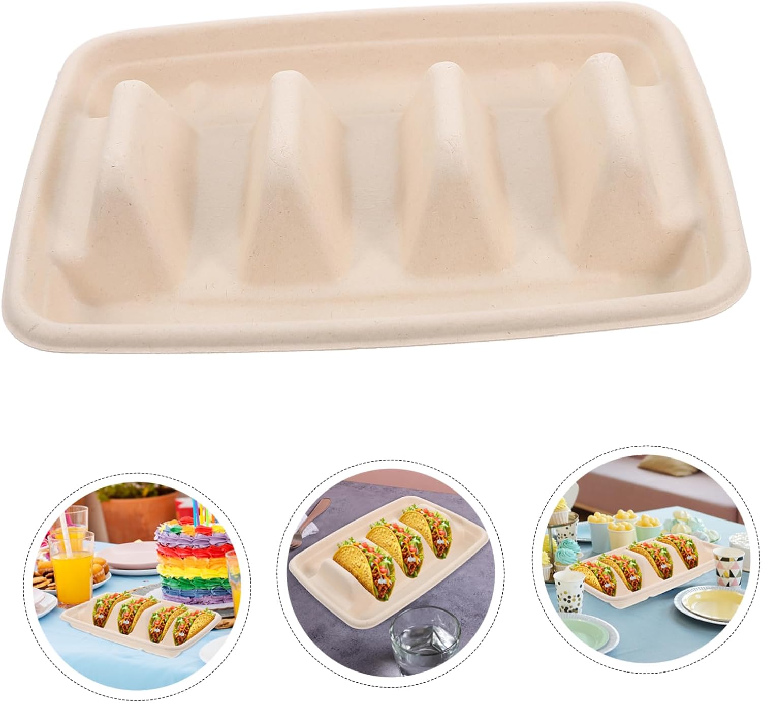 50pcs Disposable Taco Plates with Dividers Pulp Snack Bowls for Parties Sashimi Serving Tray Microwave Safe Taco Racks for Easy Setup