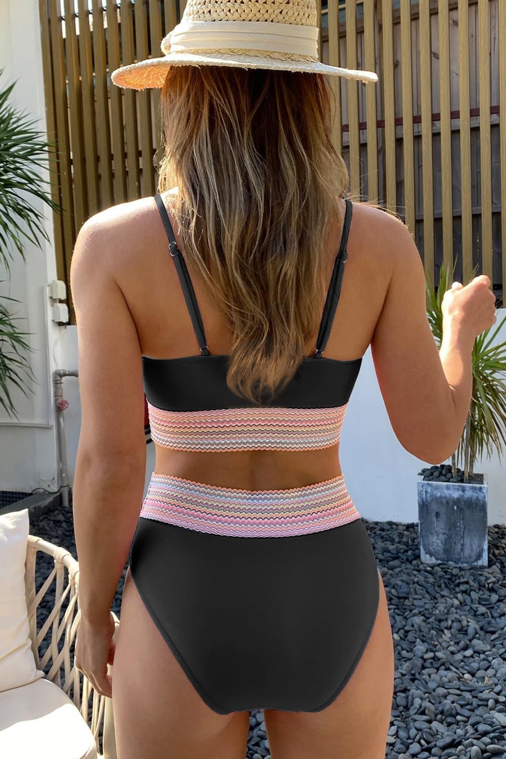 Trendy Black Striped Patchwork Swimsuit with High Waist Design