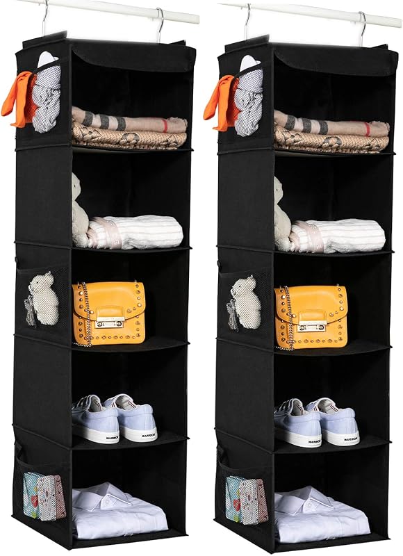 2 Pack Hanging Closet Organizer, 5 Shelves Hanging Storage with 6 Side Pockets for Clothes Shoes, 43"x12"x12"(Black)