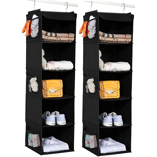 BrilliantJo 2 Pack Hanging Closet Organizer, 5 Shelves Hanging Storage with 6 Side Pockets for Clothes Shoes, 43"x12"x12"(Black)