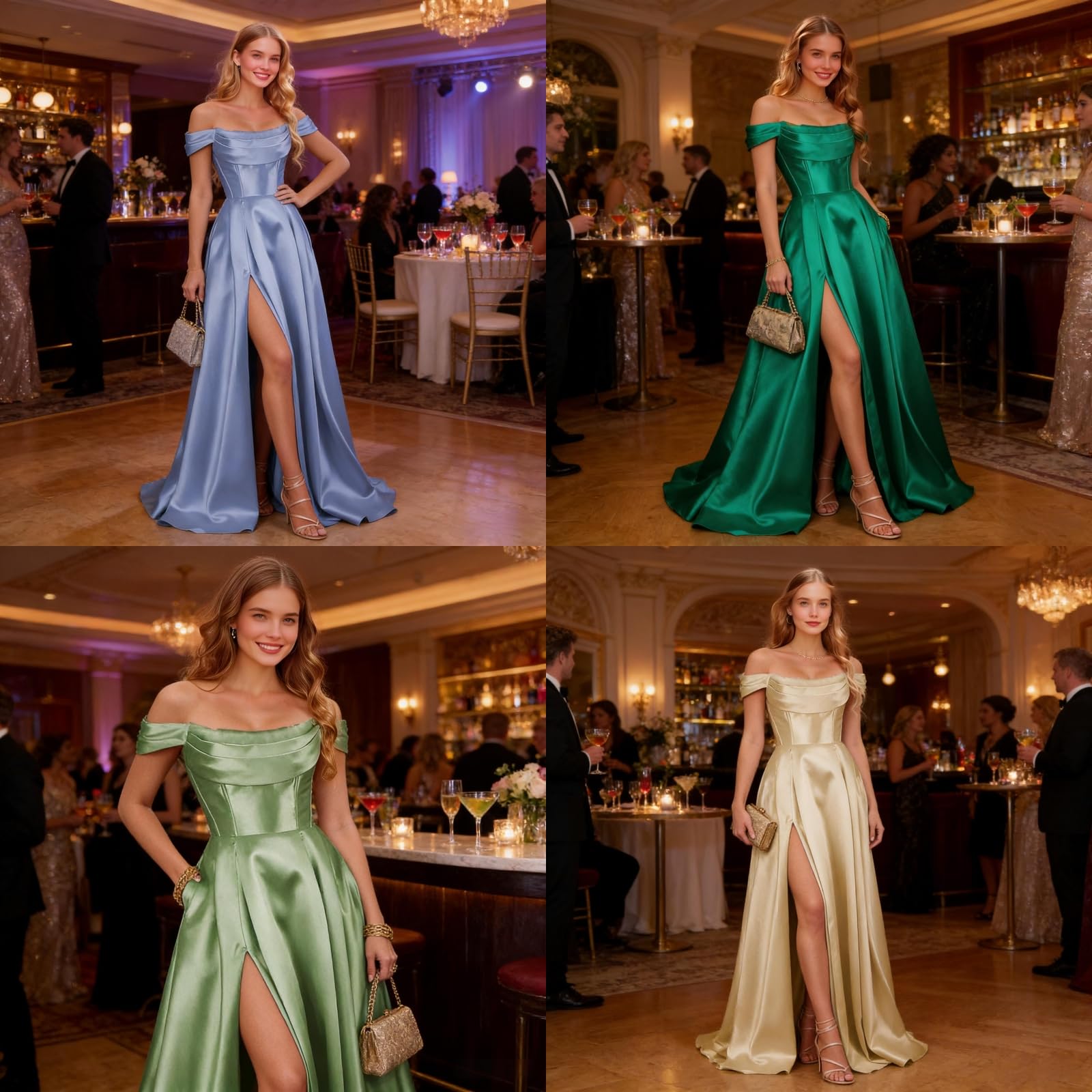 Off spalla raso Prom abiti con fessura senza spalline una linea corsetto abiti da ballo lunghi abiti da sera formale con tasche