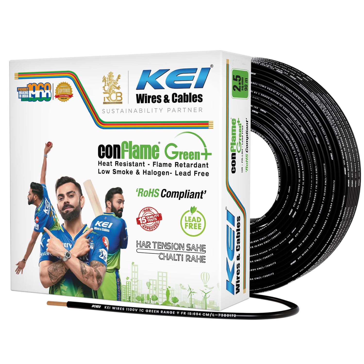 KEI CONFLAME GREEN PLUS 2.5 sqmm 1 Core Copper Heat Resistant Flame Retardant Low Smoke & Halogen - Lead Free House Wire for Domestic & Industrial Electrical Wiring (Black, 90 Meters) (B0D176P5DN) Amazon Price History, Amazon Price Tracker