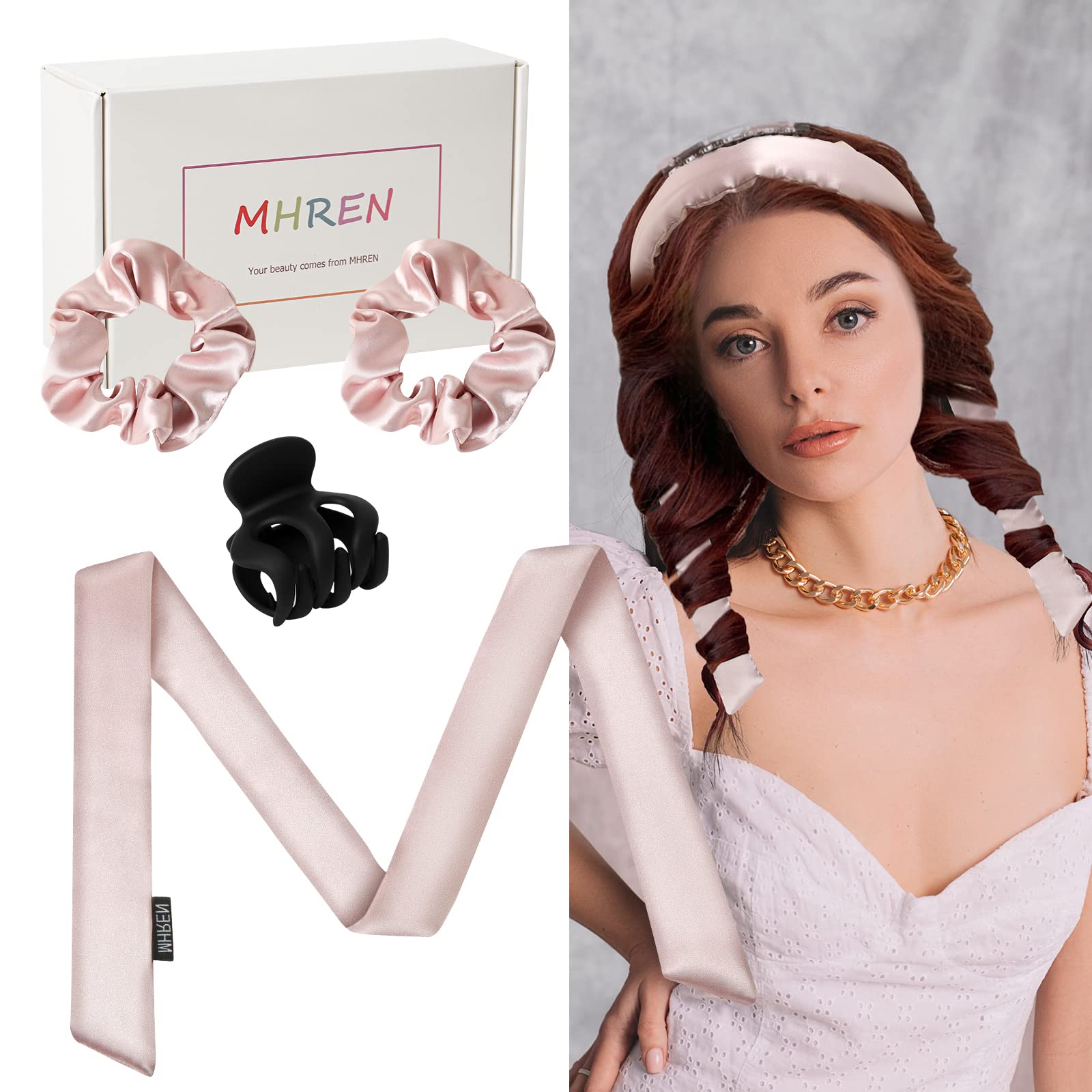 MHREN Silk Heatless Hair Curler Heatless Curls for Short Hair? Heatless Curling Rod Headband for Women Hair Curlers to Sleep In -Overnight Curls?Hair Scrunchies?Hair Clips 3 Piece Set