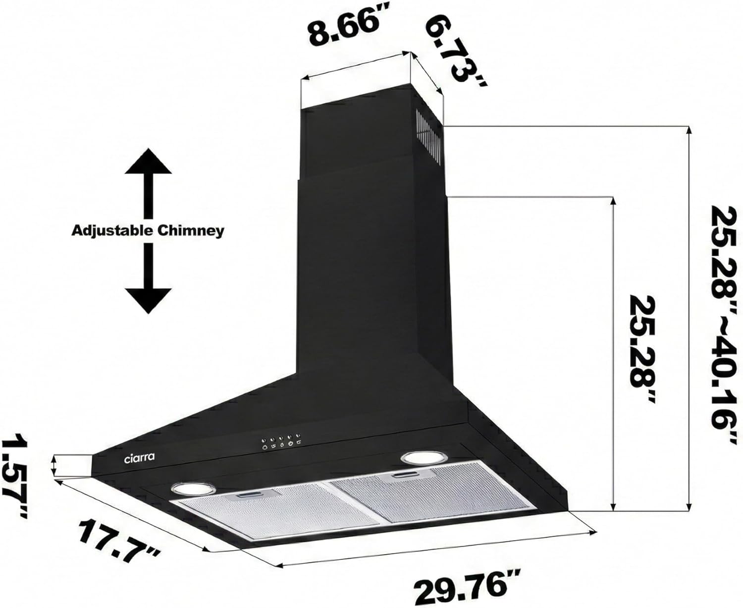 CIARRA Black Wall Mount Range Hood 30 inch 550 CFM Stove Vent Hood with 2 LED Light for Kitchen, 3 Speed Fan, Ducted & Ductless Mode, Push Button, Easy to Install, CAB75206P-N