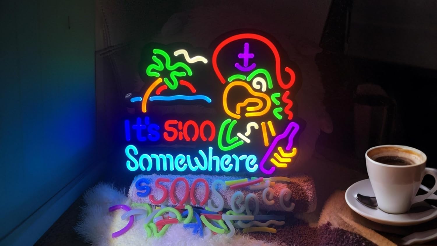 Jigsaw Puzzle 40 pcs ITS 5 :00 FIVE OCLOCK SOMEWHERE Neon LED Light Sign, Man Cave Men LED, Home Wall Gifts, Decorations, Palm Tree, Beach, Sun, Tiki Bar, Garage, Accessories, Cart, Party, Bedroom, - Image 4