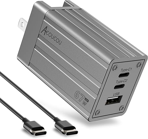 Bloque de carga rápida USB C, cargador rápido GaN de 67 W, 3 puertos, adaptador Acoucou tipo C cargadores de pared para iPhone 16, 15, 14, 13, 12,