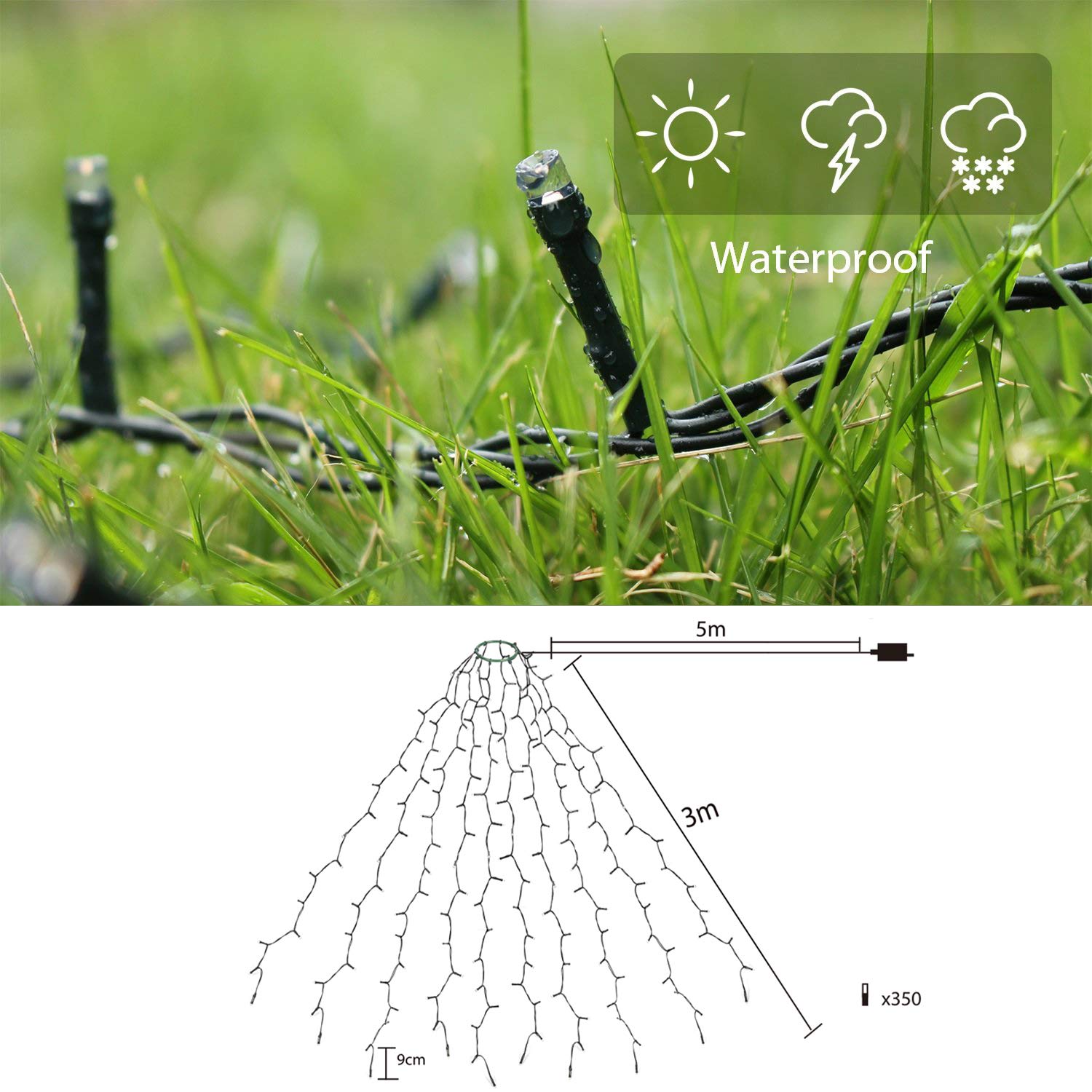 SALCAR oświetlenie choinkowe z pierścieniem, Ciepła biel, 3 metry, łańcuch świetlny z 10 girlandami, z 350 diodami LED, wodoszczelny, na 120 cm – 350 cm, na choinkę