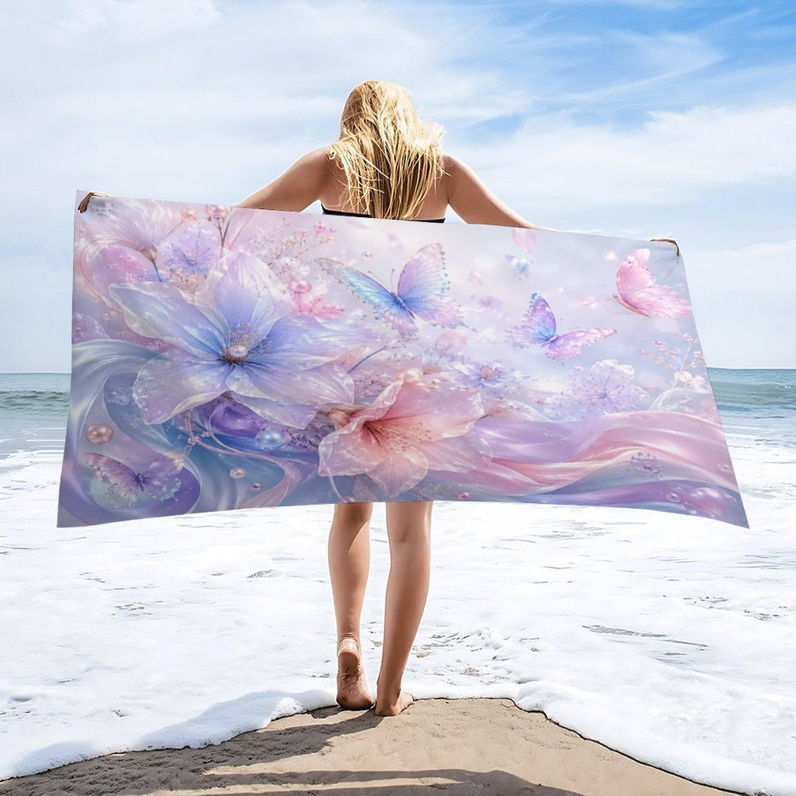 Anceky Floral Butterflies Pastel Dreams Beach Towel 32"×63",Soft Microfiber Bath Towel Shawl, Quick Dry Absorbent Pool Spa Gym Shower Towel
