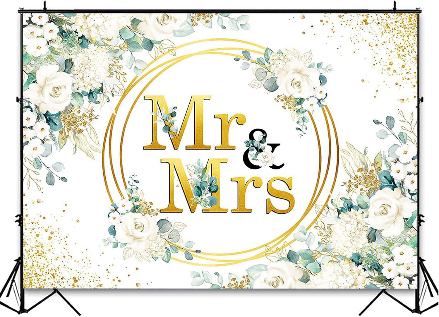 Avezano Mr & Mrs Engagement Wedding Party Backdrop Glitter Gold Watercolor Flowers Mr and Mrs Wedding Party Decoration Background Anniversary Bridal Shower Party Backdrops for Photoshoot (7x5ft)