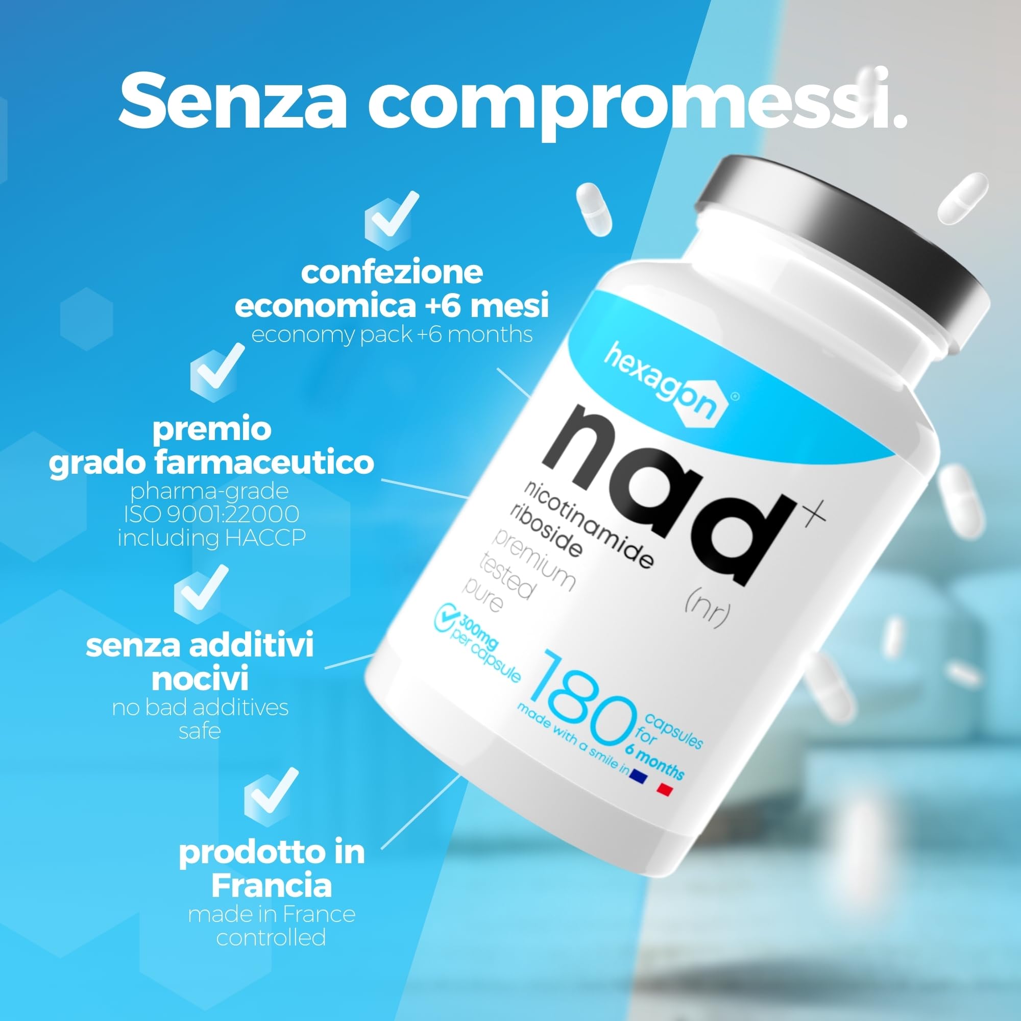 NAD+ Nicotinamide Riboside Chloride 300mg - +6 Mesi di Cura - NAD Booster - Anti-Età e Contro la Fatica, Supporto Nervoso - 180 Capsule Vegetali - Vegan & Premium - Hexagon