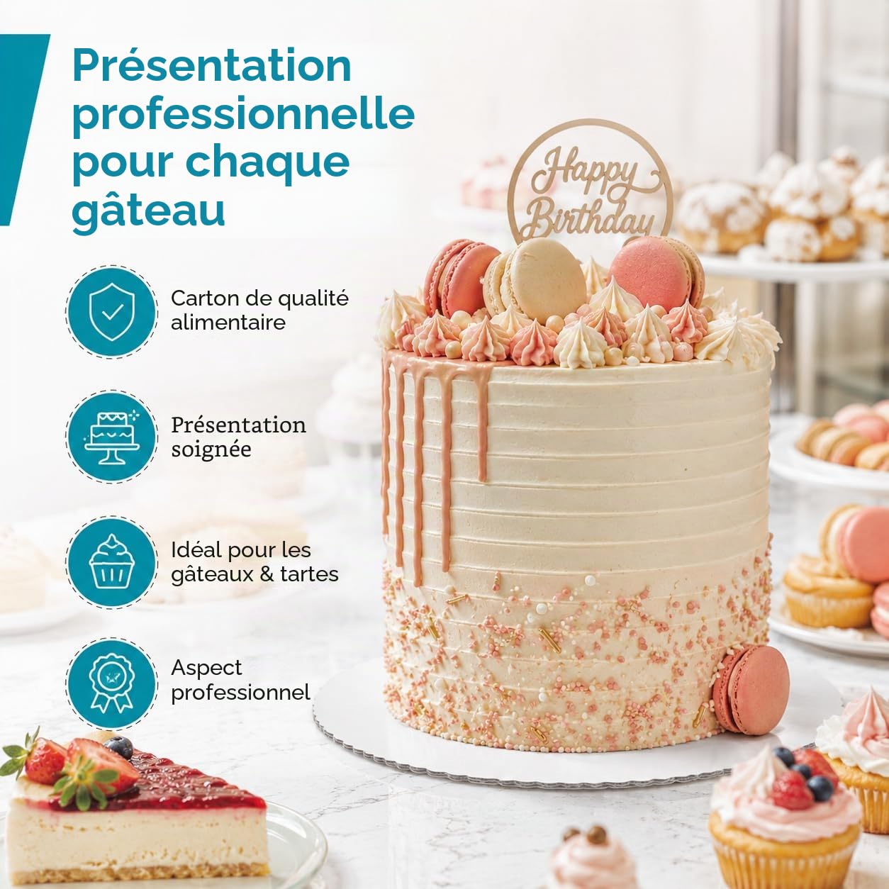 Commerline 100 Pièces Supports à Gâteau | Ronds, Ø 32 cm | Blancs | Carton Épais | Jetables | Tartes et Cheesecakes | Présentation Professionnelle | pour Gâteaux, Fêtes et Horeca