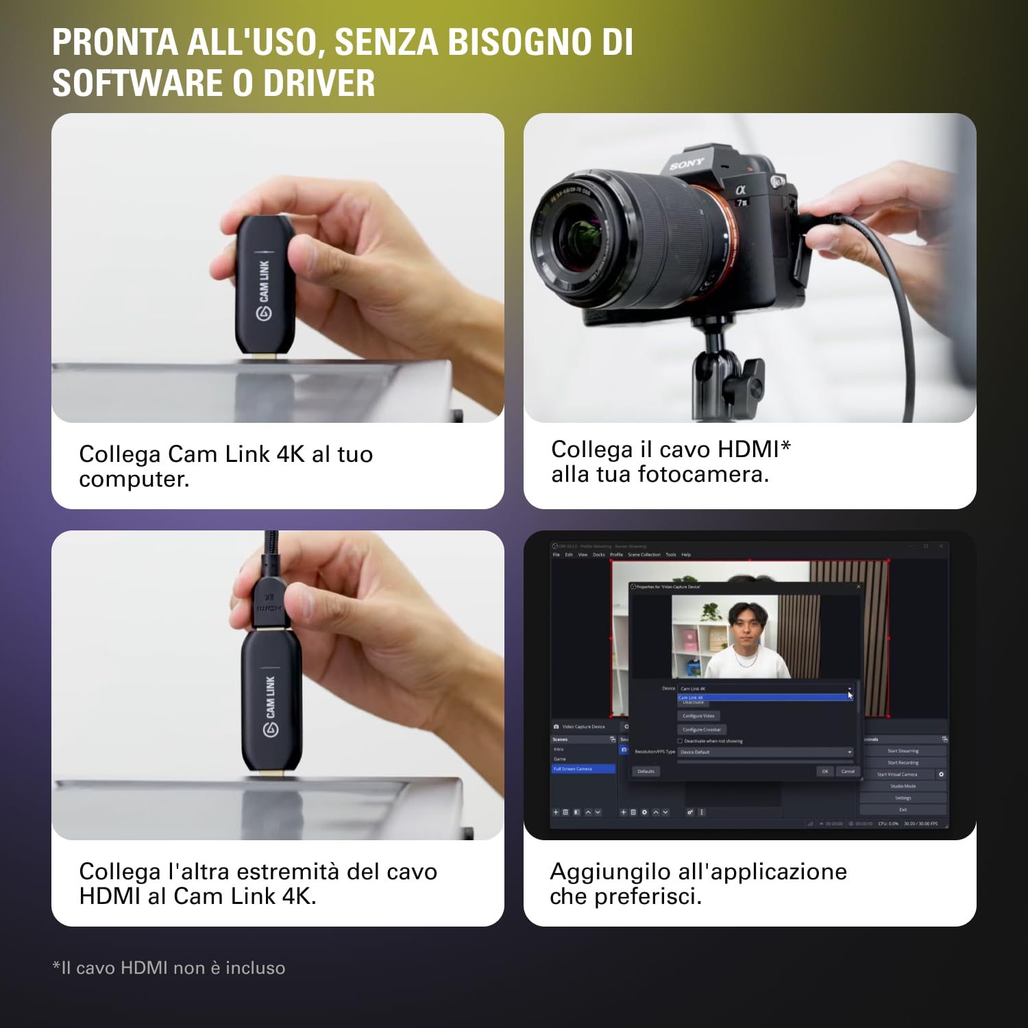 Elgato Cam Link 4K, trasmetti live, registra via DSLR, camcorder, action cam, 1080p60, 4K/30FPS, HDMI, USB 3.0, videoconferenze, home office, Zoom, Teams