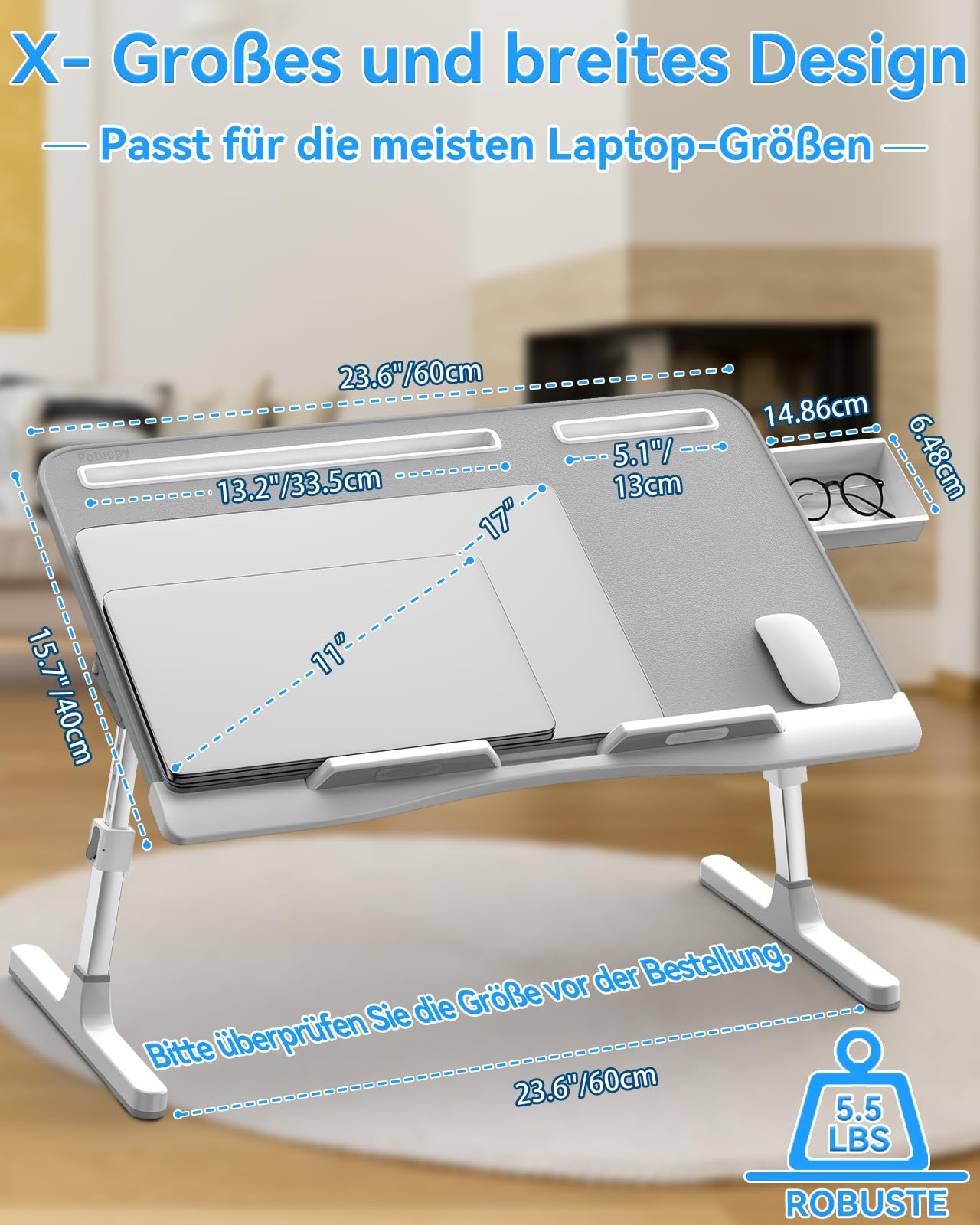 Laptoptisch, Potuopy Leder verstellbare Höhe Winkel faltbar Betttisch, X-Large Laptop Tisch für Sofa mit Eco Holzbrett für die Arbeit Lesen Essen auf dem Bett Sofa Boden (grau, 60 * 40cm)