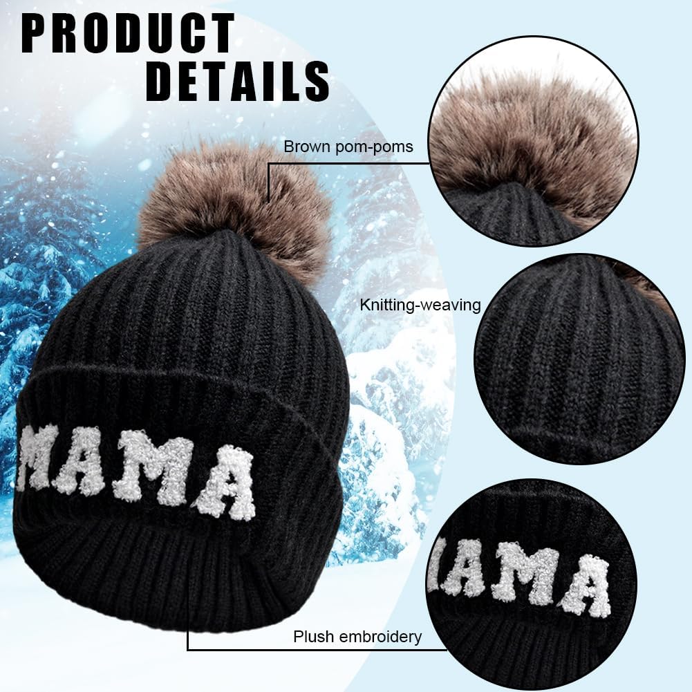 3 Pcs Parent-Child Beanie Hats Mama Papa Mini Knitted Hats Winter Warm Ski Cap with Pom Pom Matching Family Beanie Hat - Image 3