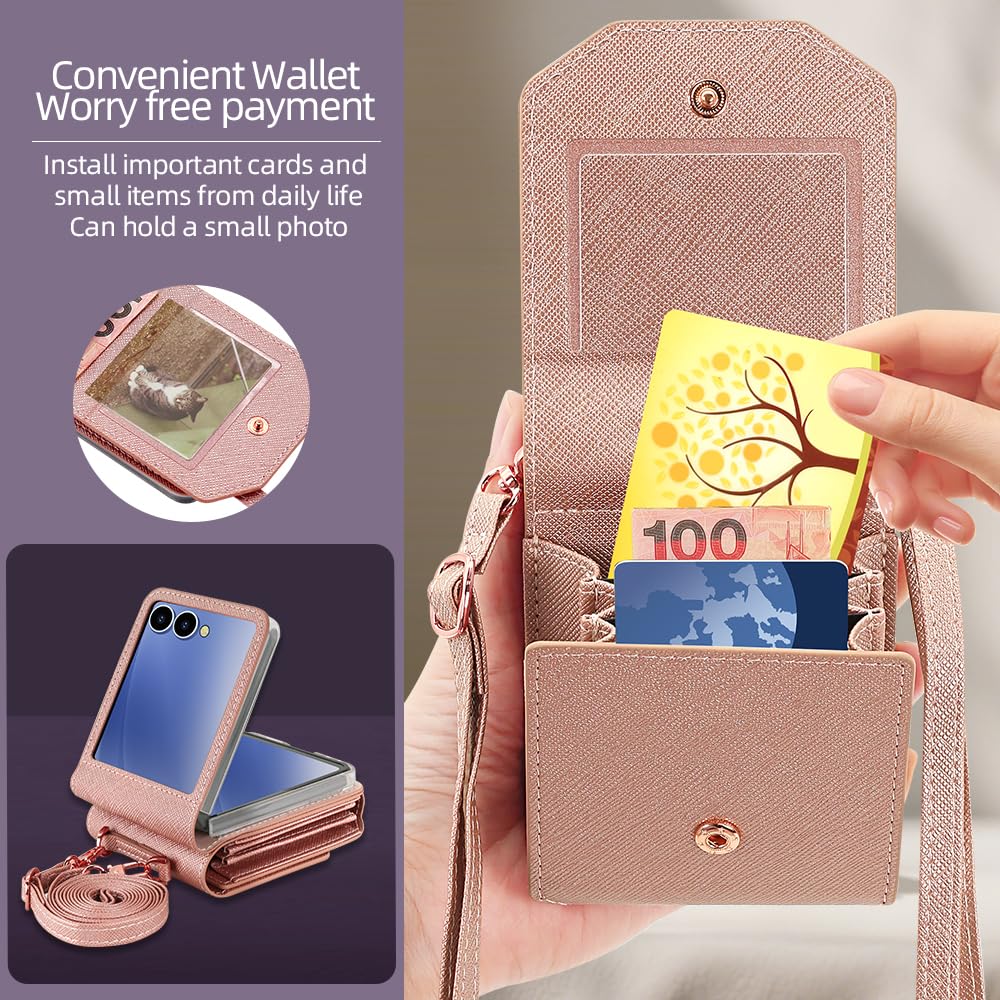 Etui do Samsung Galaxy Z Flip 8 Accordion Crossbody Wallet, gniazdo na karty o dużej pojemności, zdjęcie w oknie, stylowe i wszechstronne akcesoria. (Rose Gold)