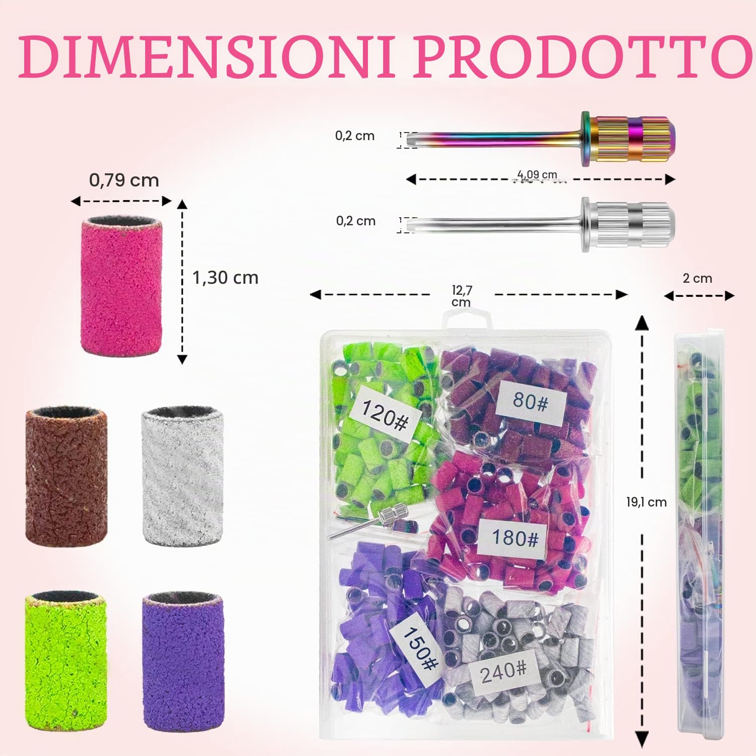 Cilindri Abrasivi Fresa Unghie, 300 Pezzi di Bande Abrasive Fini e Grossolane per Unghie 80/120/150/180/240, 2 Pezzi di Punte a Mandrino 2.5MM per Manicure e Pedicure