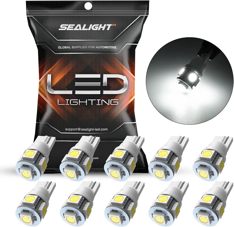 Lâmpadas LED 194 SEALIGHT T10 W5W 2825 6000K brancas para iluminação automotiva – Pacote com 10