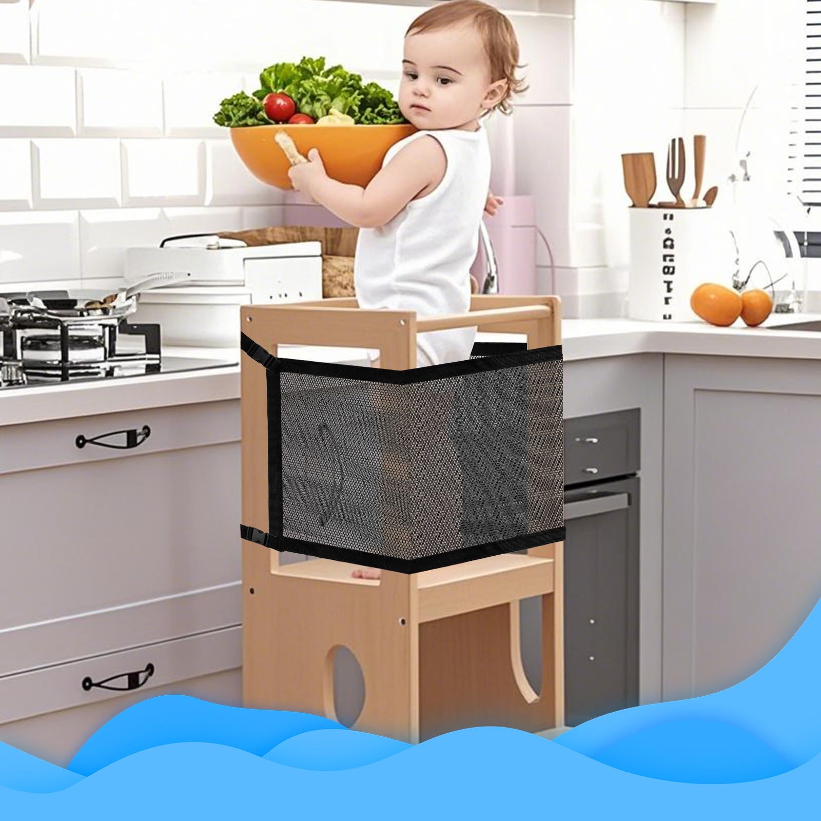 Lyreh Rete Sicurezza Per Torre Bambini, Doppio Strato Rete Sicurezza Torre Apprendimento & Scalino Cucina Aiutante Maglia Fitta Protezione 4 Lati per Gioco dei Bambini e Conservazione Giocattoli