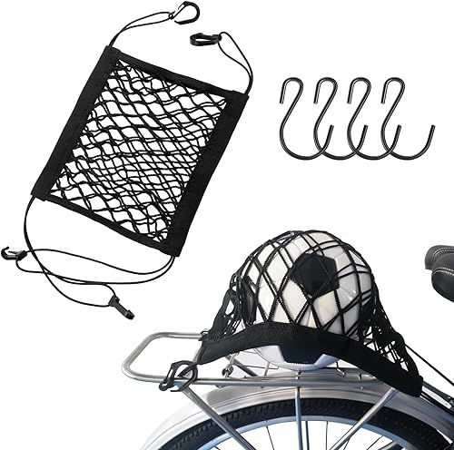 2 paquetes de red de carga para bicicleta, red elástica de almacenamiento de doble capa de 10 x 11 pulgadas con 8 ganchos de metal extra fuertes,