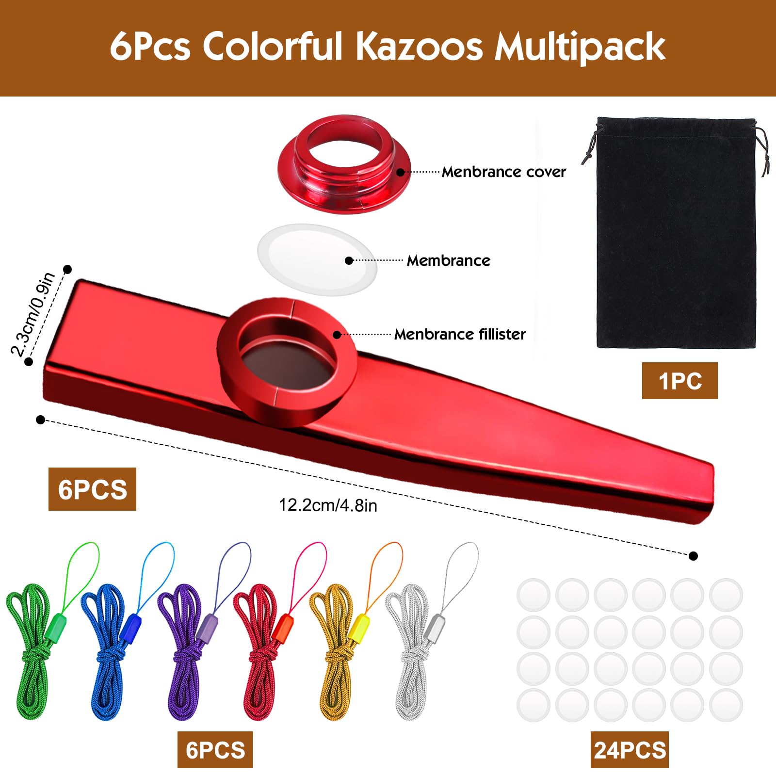 6 Pezzi Colorato Kazoo Instrument, Kazoo Strumento Musicale Professionale per Adulti, Amanti Musicali (Blu, Rosso, Verde, Oro, Viola, Argento)