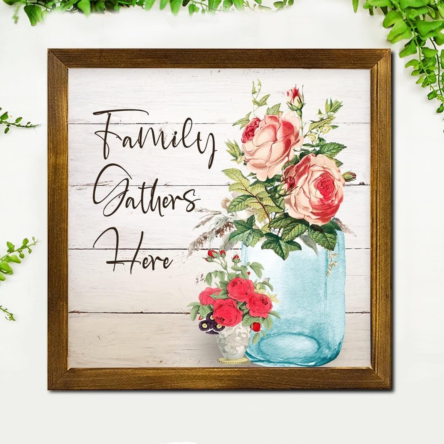 Family Gathers Here Wooden Framed Sign Spring Rose Flower in Kettle Wooden Wall Sign Classic Summer Floral Wood Wall Hanging Decorative for Laundry Room Bathroom Bedroom Home 12x12 inch