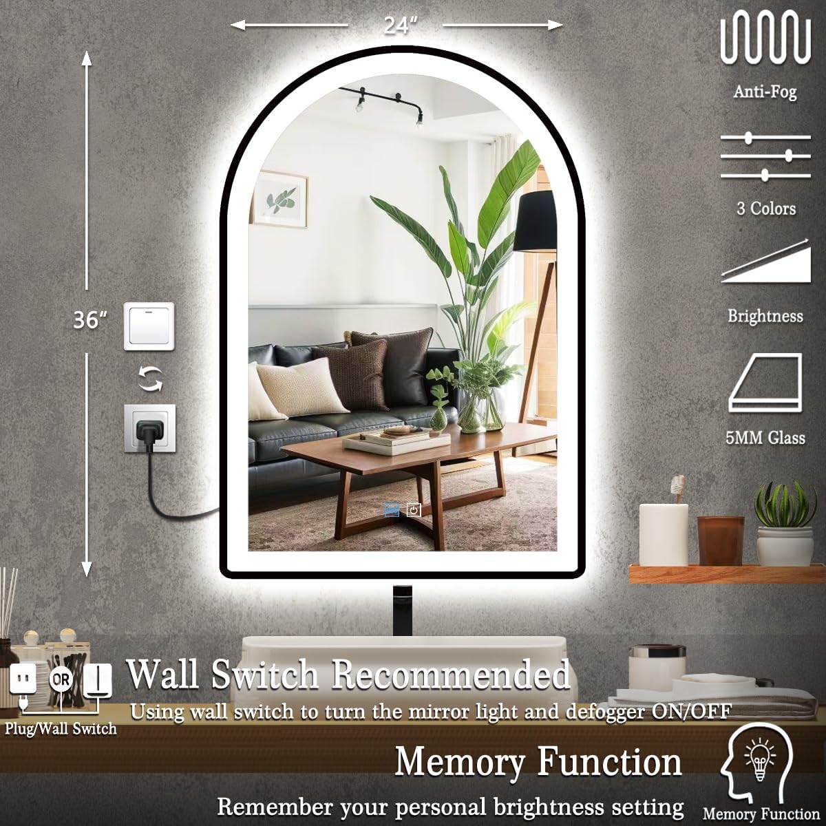 24 x 36 Inch Black Arch LED Vanity Mirror with Lights, Black Frame, 3 Color Anti Fog, 36" Bathroom Arch Smart Light Up Mirror