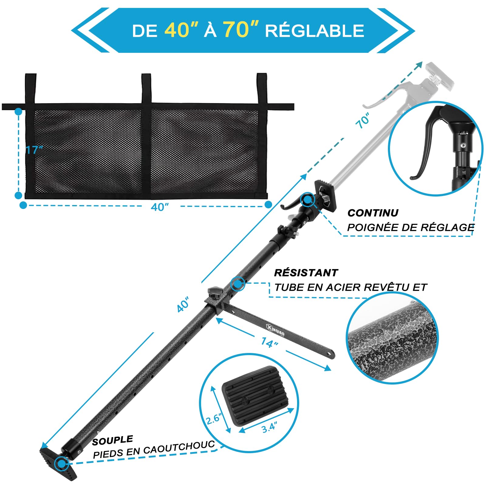 Barre de Cargaison pour Pick-up, SUV, Remorque, Van, Ajustable de 100 à 180 CM, Inclut 1 Filet de Rangement Premium et 1 Barre de Séparation