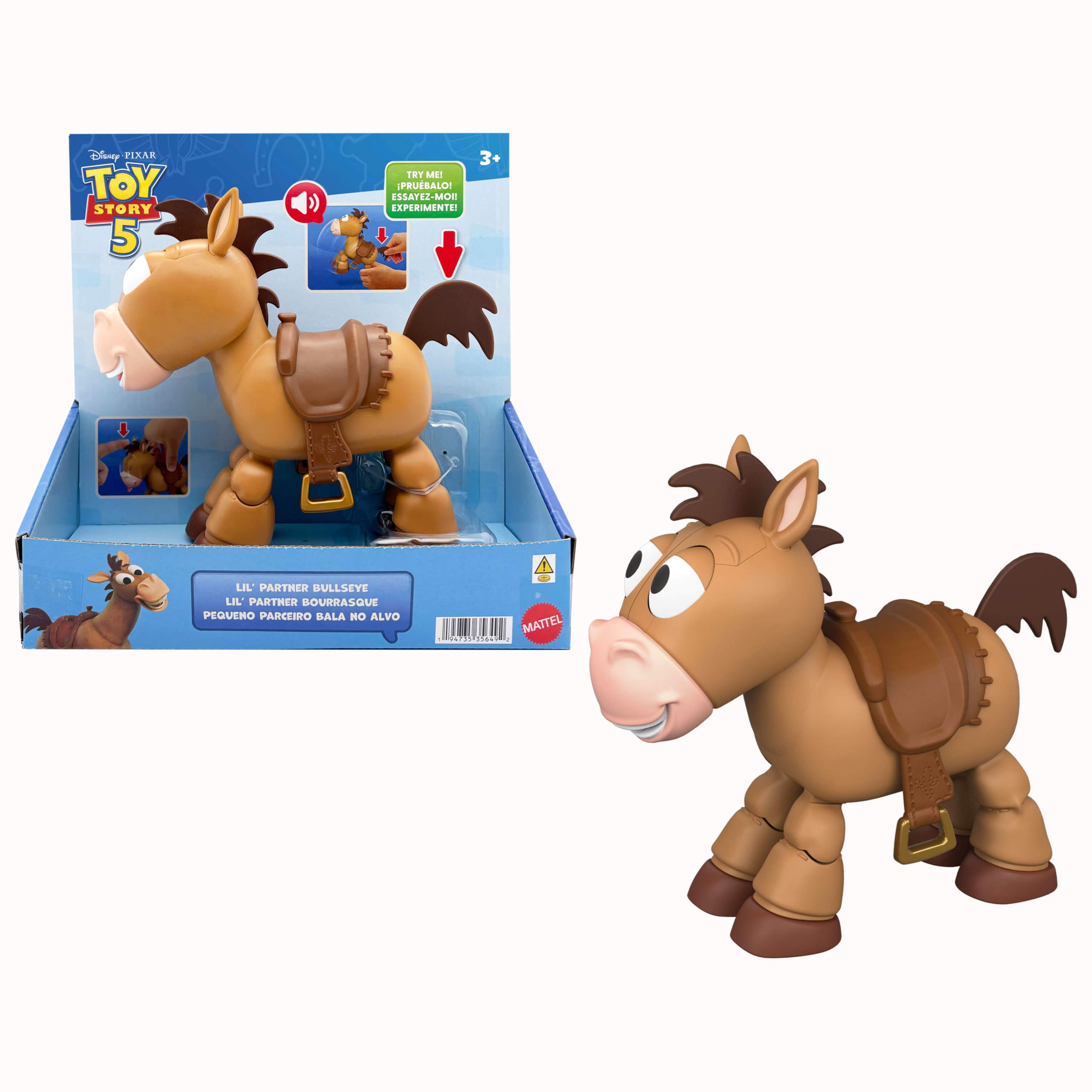 Mattel Disney y Pixar Toy Story 5 Lil'Partner Bullseye, Caballo | Figura articulada 18,8 cm, posiciones activadas por toque, sonidos, JKV48