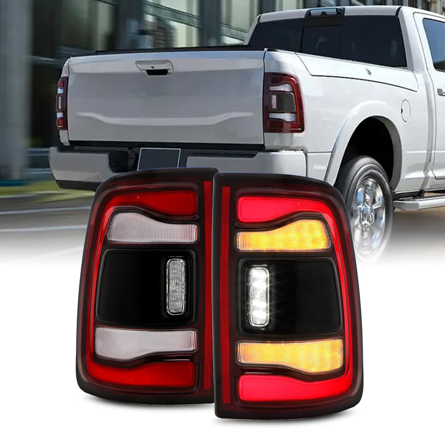 AKKON - Fit 2019-2024 Ram 2500 3500 LED SwitchBack Turn Signal Black Bezel Tail Lights Left+Right w/o Blind Spot Detection