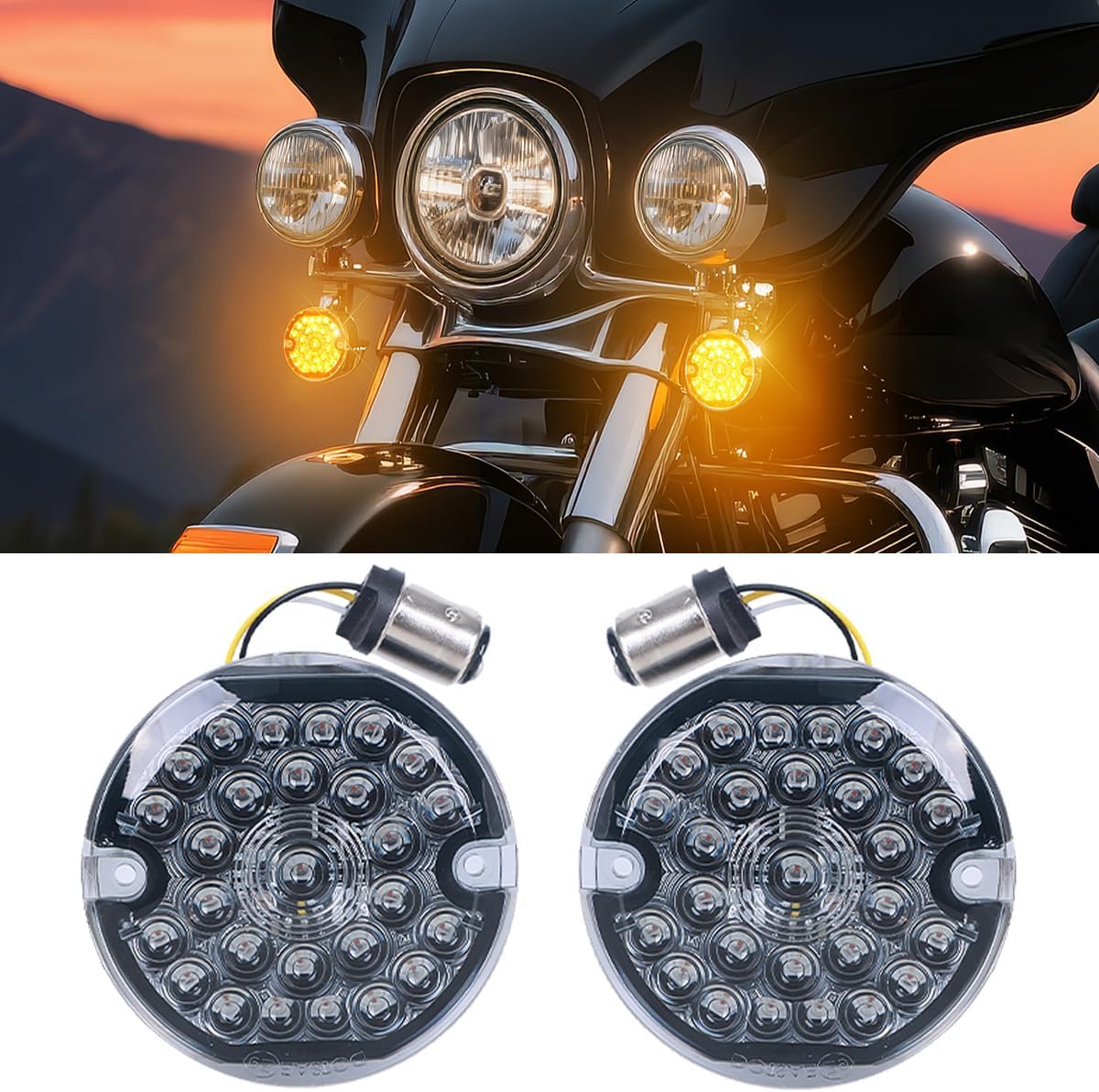 3-1/4 Inch Front Led Turn Signal Flat Smoke Lens 1157 Base Amber Lamp Compatible with Harley Motorcycle Road Glide Road King Softail Ultra Classic Ultra Limited Electra Glide (1157 Front, Amber)