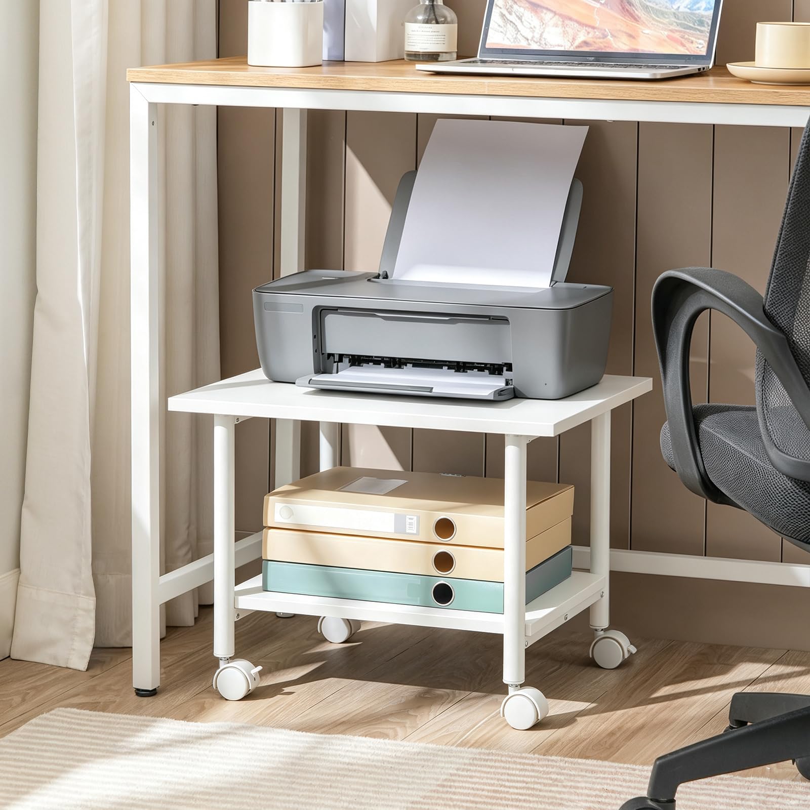 HOOBRO Druckertisch, Druckerwagen mit arretierbaren Rädern Druckerständer rollbar mit 2 Ebenen, Druckerhalter Industrie-Design, Rollcontainer, für Büro, Fax, Weiß