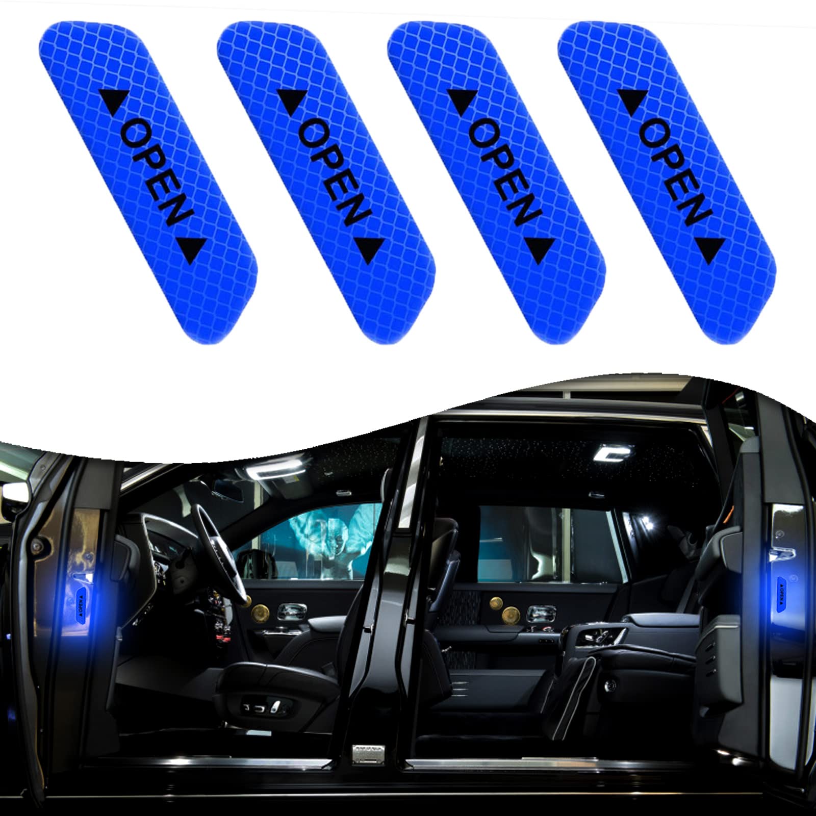 beypovk4PCS Car Door Open Reflective Safety Stickers, Anti-Collision Warning Decal Tape, Exterior Accessories for Cars, SUVs, Trucks, Motorcycles (Blue)