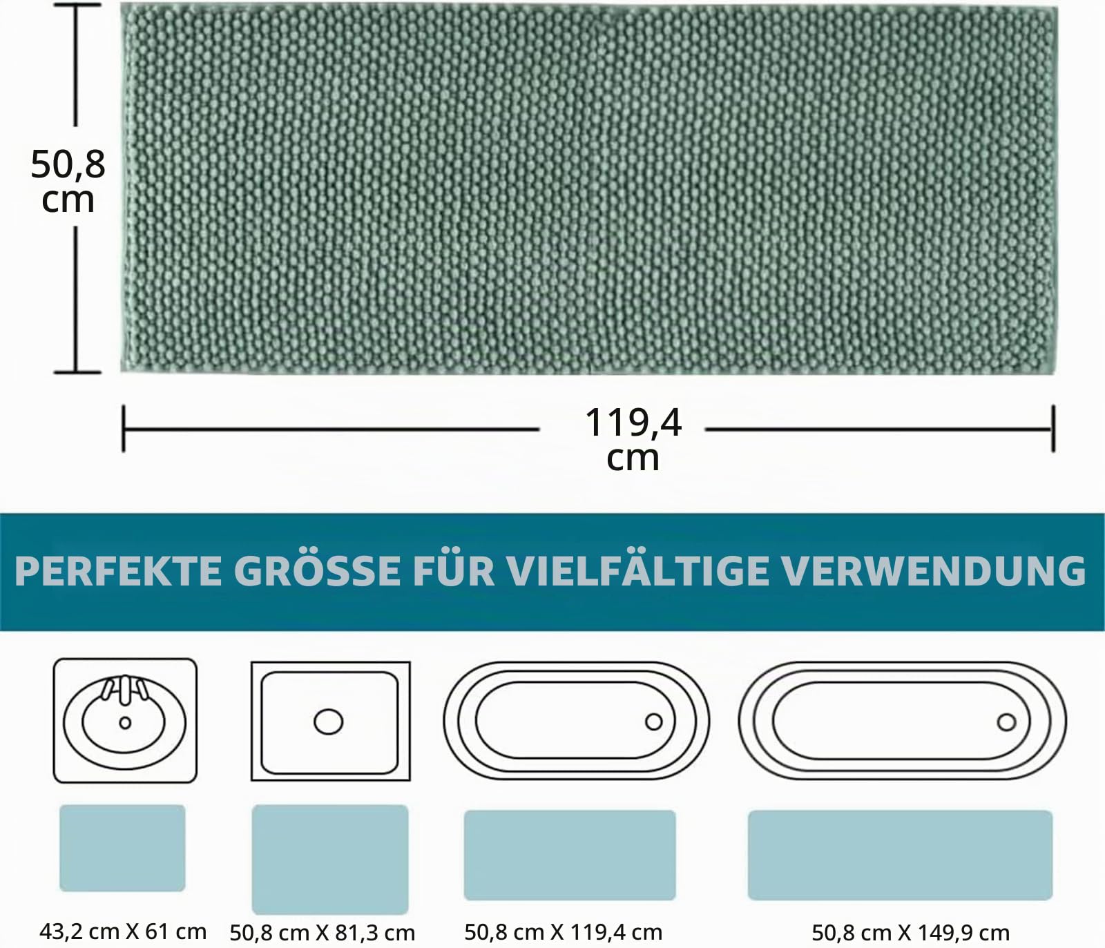LINGKY Badematte rutschfest 50x120 cm Chenille Badezimmerteppich Saugfähige Badteppich Waschbar Badvorleger Bad Teppich Badezimmer Duschvorleger Badematte Aqua