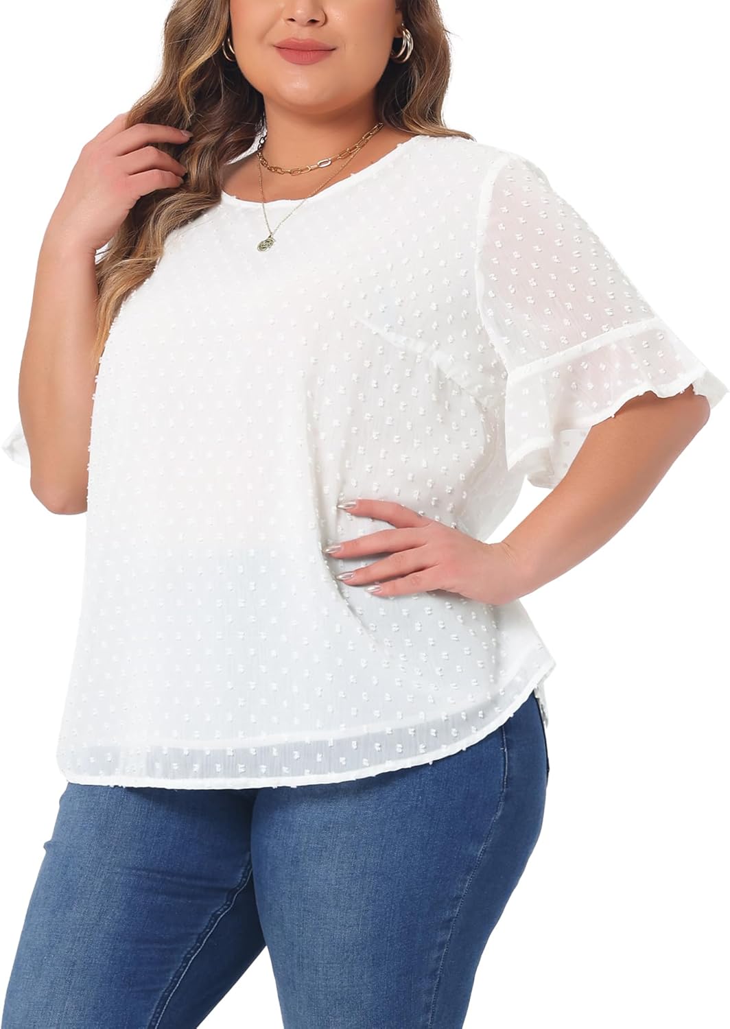 Agnes Orinda Plus Size Top for Women Round Neck Ruffle Sleeve Swiss Dots Tee Shirt Tops 2024 Summer Blouse - Image 2