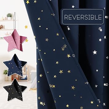 PrinceDeco 100% Blackout Star Curtains for Kids Room Reversible Use Twinkle Silver Stars Cute Drapes for Nursery Thick Soft Curtain Drapes Window Treatment 2 Panels52 x 84 Inch, Navy Blue