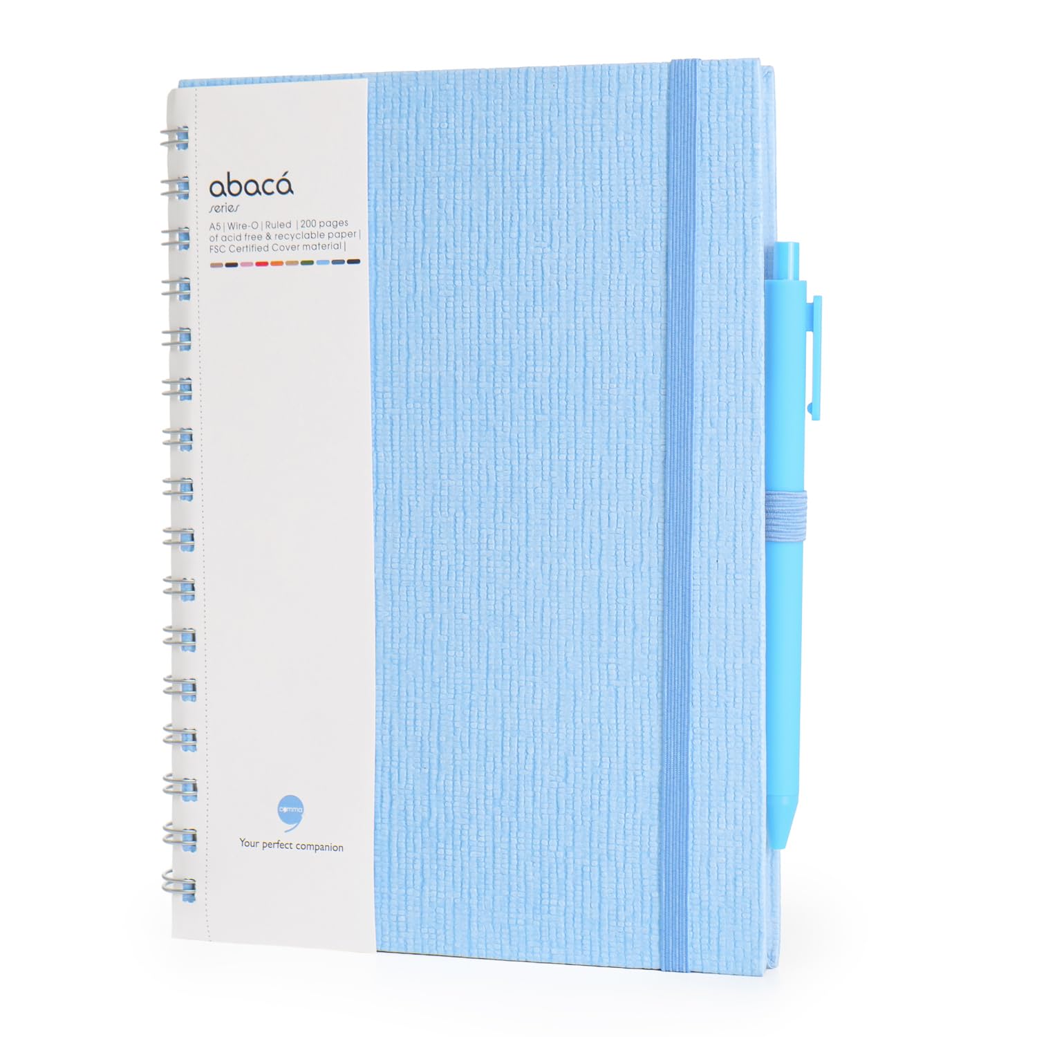 COMMA Abaca – A5 Size – Wire-O-Bound Spiral Notebook with Pen & Elastic Band Closure – 200 Pages – 80gsm Natural Shade Paper – Textured Cover Material – (Sky Blue)