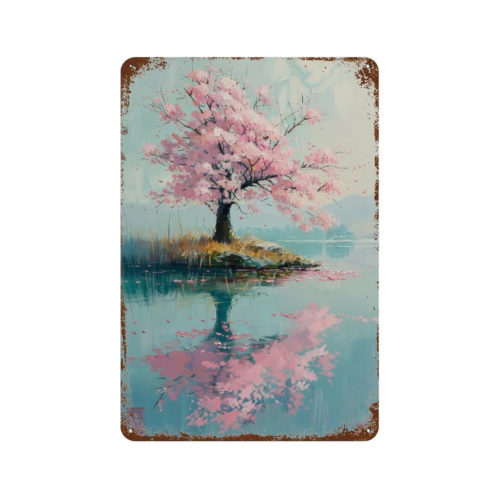 HDURYEYRYY Impasto Sakura Island Mirror Lake 01 Wall Retro Iron Vintage Art Metal Tin Sign Poster Modern Home Cofffee Club Art Bar Shop Decor Style 30x20cm